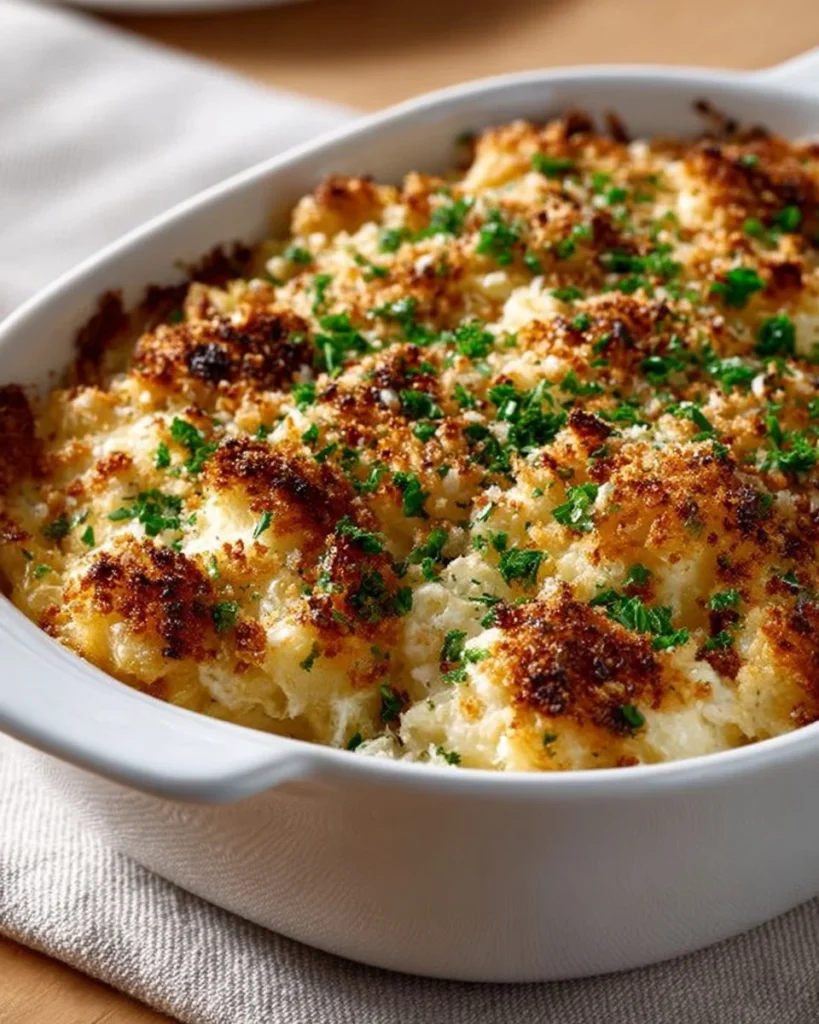 A delicious cauliflower casserole baked to golden perfection with cheese and herbs.