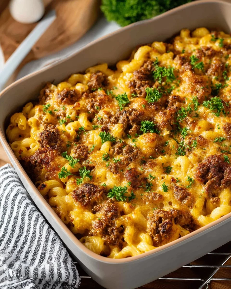 Delicious cheeseburger macaroni served in a bowl with melted cheese and ground beef.
