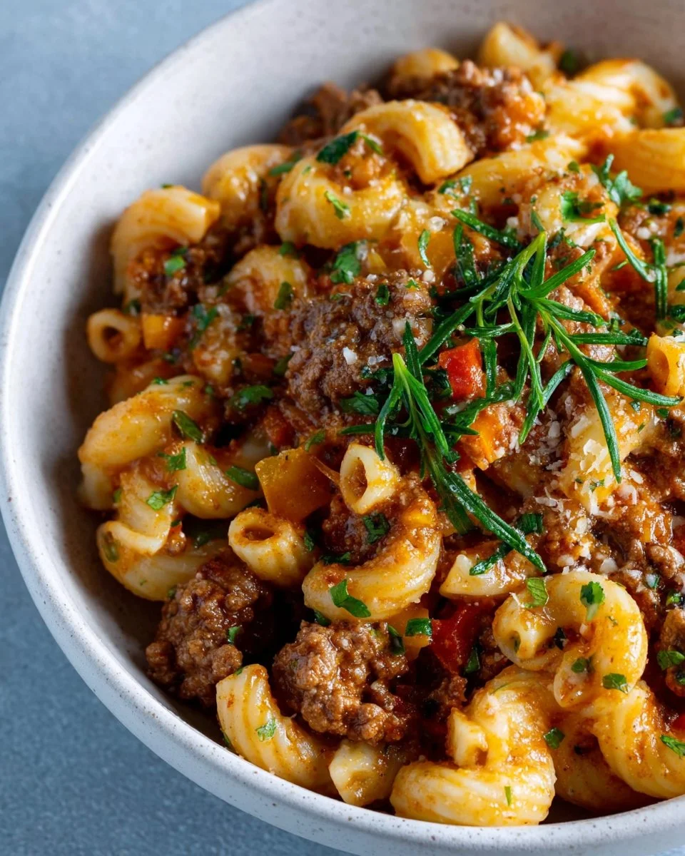 A bowl of creamy cheeseburger pasta topped with cheese and herbs.