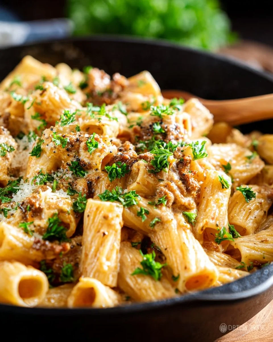 Cheeseburger pasta in a bowl garnished with herbs