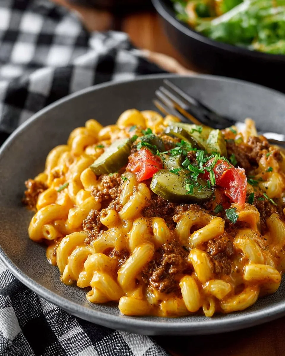Delicious cheeseburger pasta skillet topped with cheese and fresh herbs.