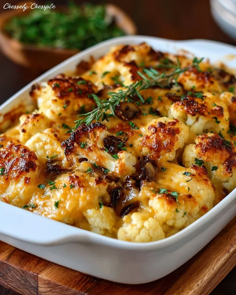 Delicious cheesy cauliflower casserole baked to perfection