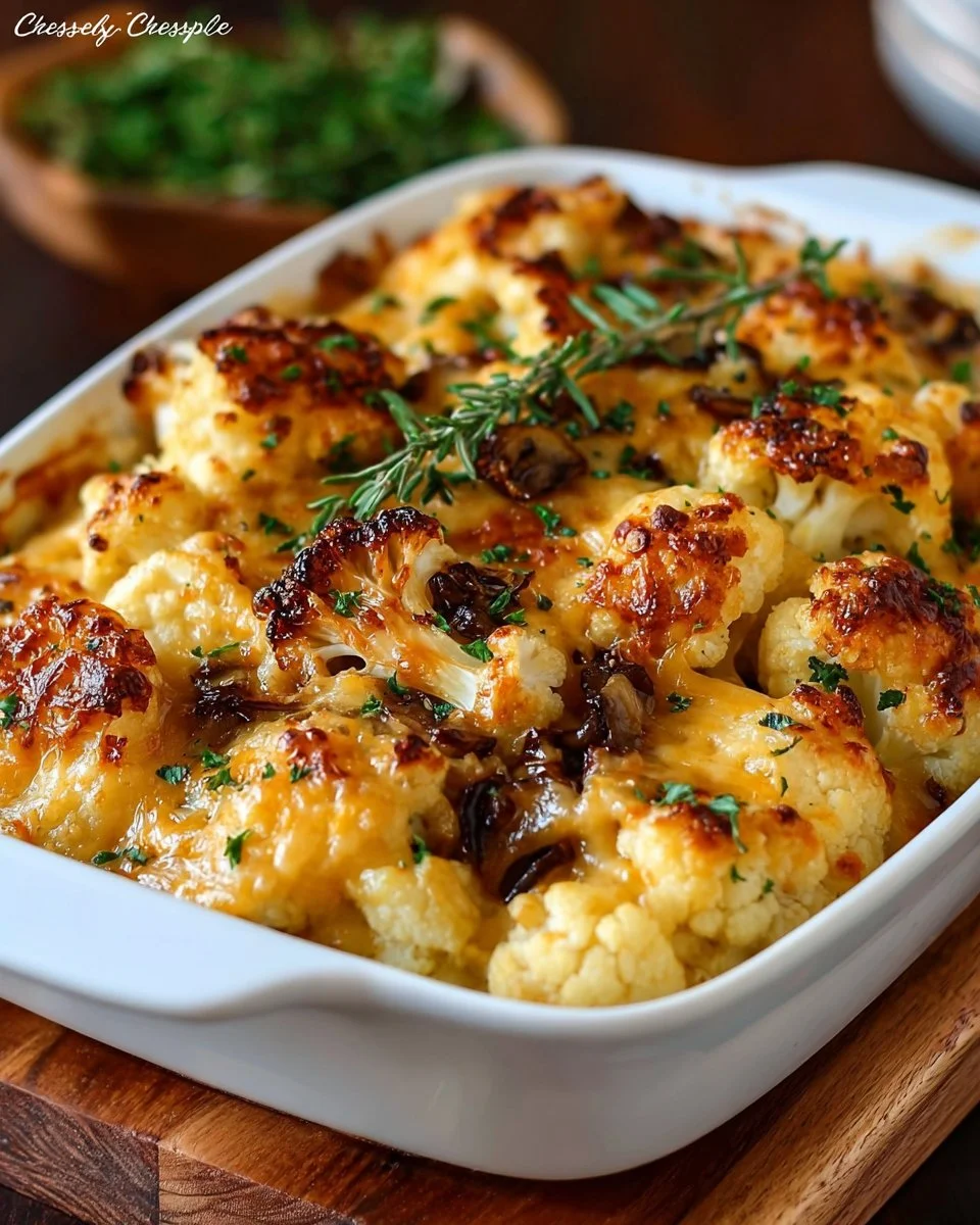 Delicious cheesy cauliflower casserole baked to perfection