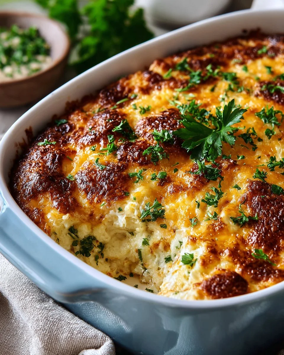 Cheesy Chicken and Broccoli Casserole ready to serve, garnished and steaming.