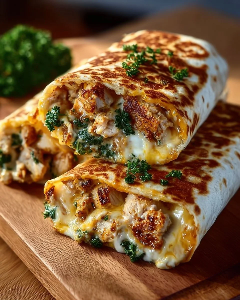 Delicious cheesy chicken wrap with fresh ingredients and melted cheese
