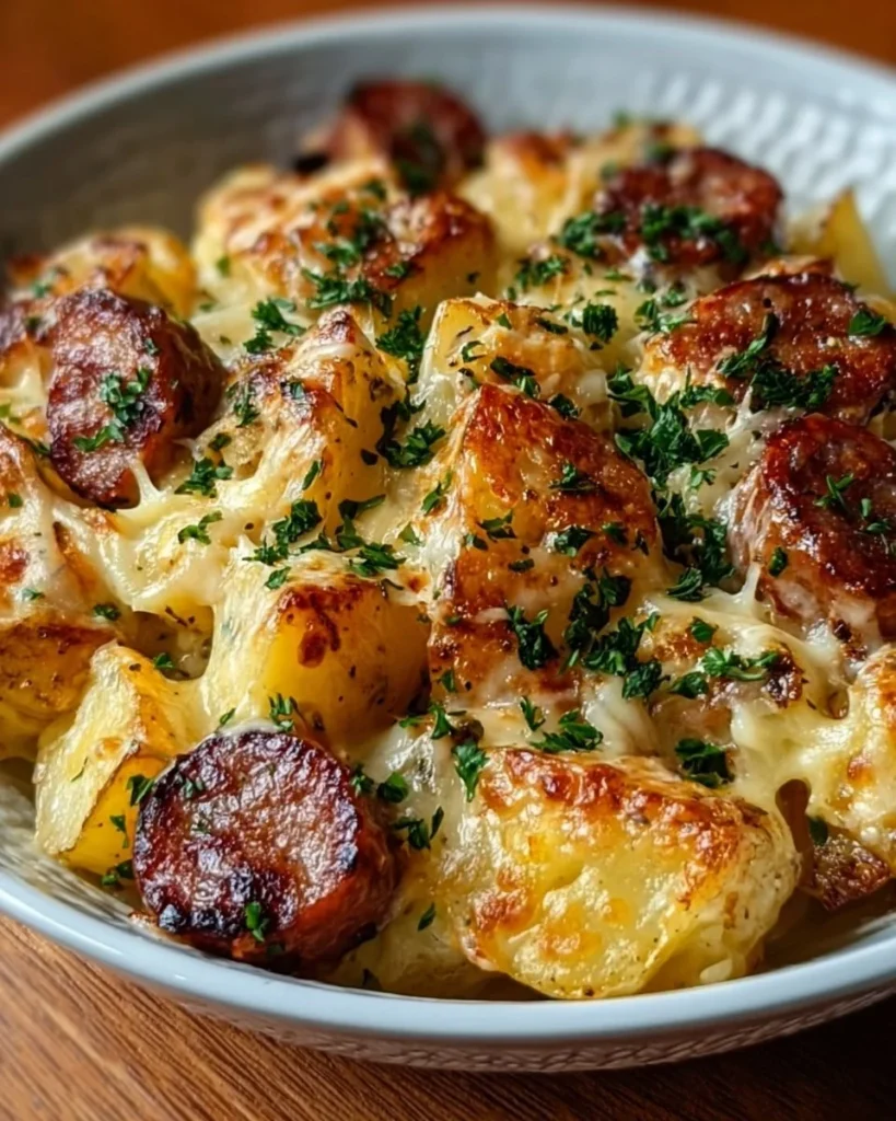 Cheesy Ranch Potatoes served with smoked sausage on a plate.