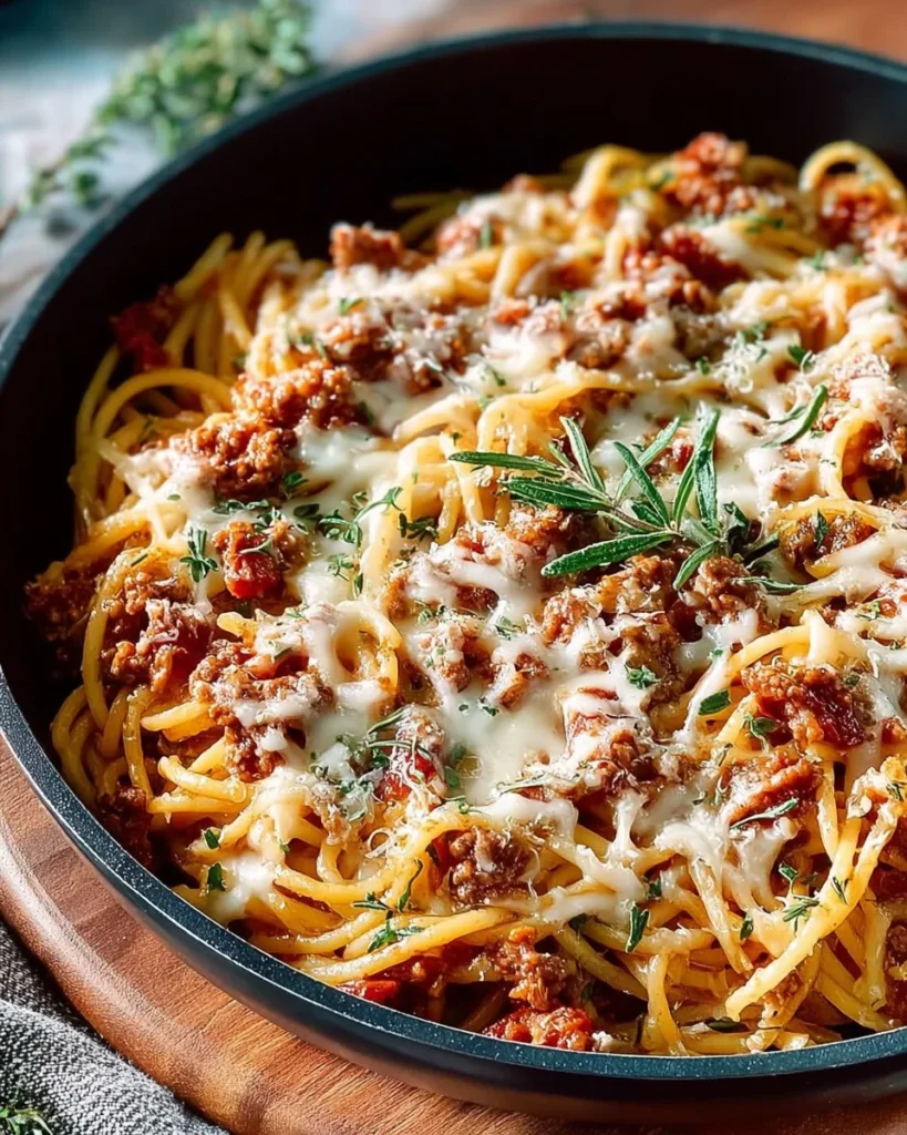 Delicious cheesy skillet spaghetti served in a rustic pan.