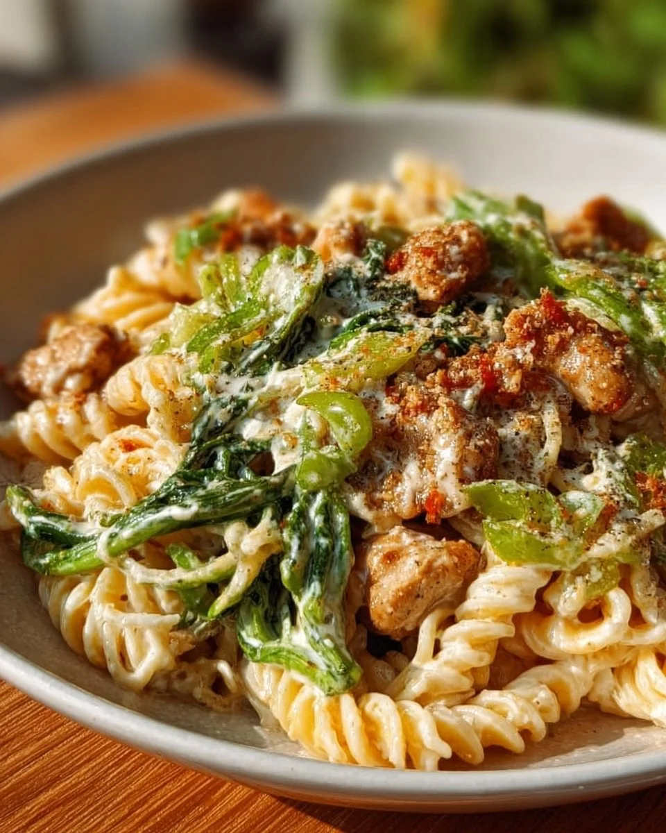 Delicious Chicken Caesar Pasta Salad with grilled chicken, romaine, and Caesar dressing.