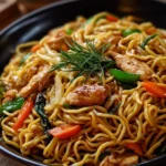 A delicious plate of Chicken Lo Mein with colorful vegetables and tender chicken