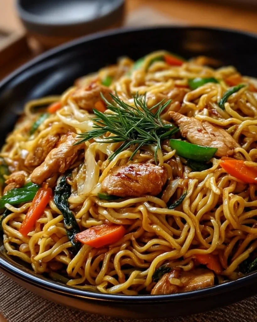 A delicious plate of Chicken Lo Mein with colorful vegetables and tender chicken