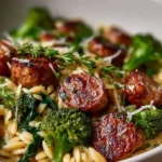 Bowl of Chicken Sausage and Broccoli Orzo garnished with herbs