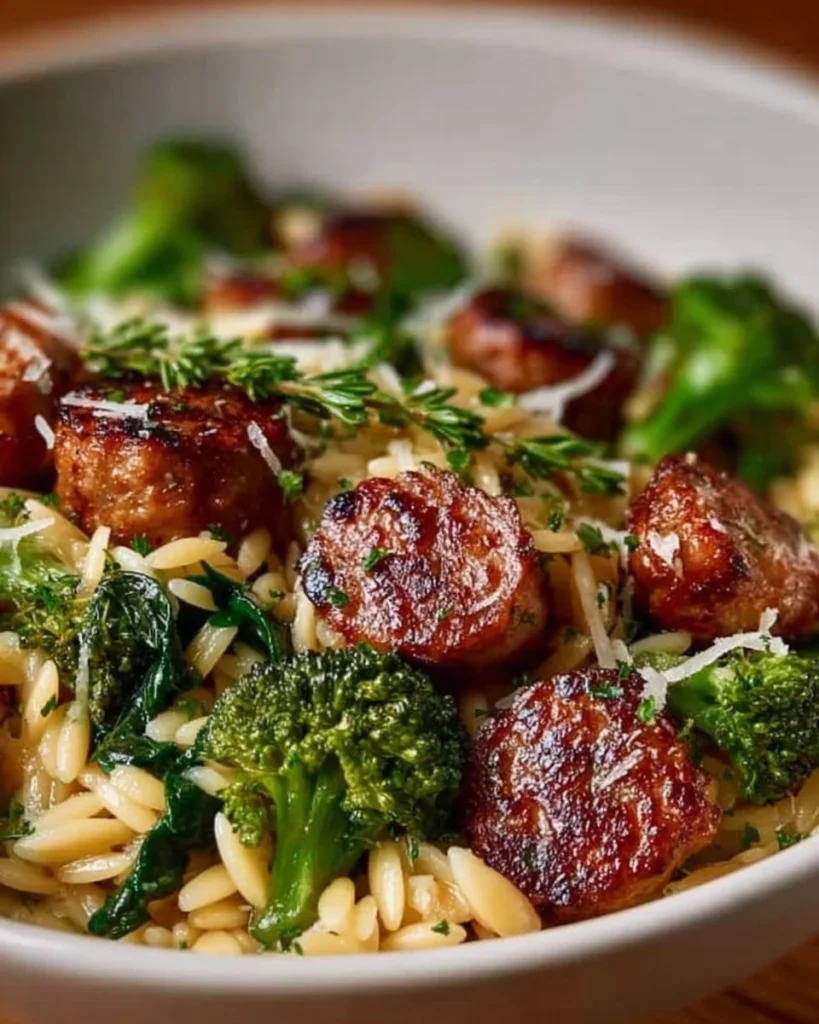 Bowl of Chicken Sausage and Broccoli Orzo garnished with herbs