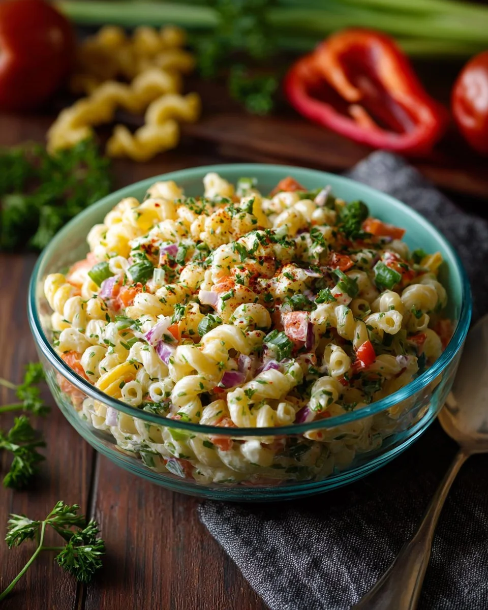 Bowl of classic macaroni salad with fresh vegetables and creamy dressing