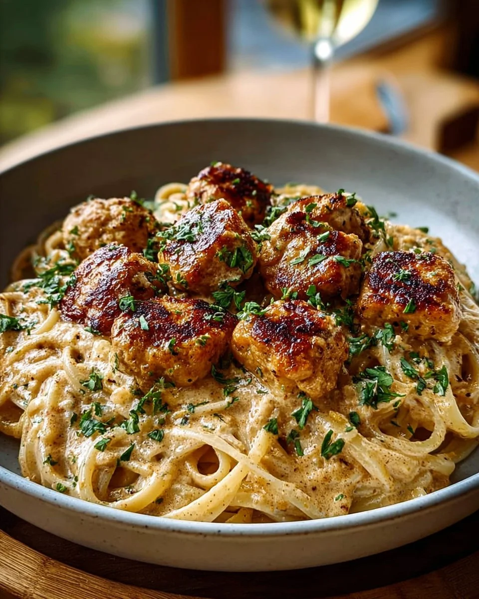 Cowboy Butter Chicken Pasta in a bowl garnished with herbs and spices.