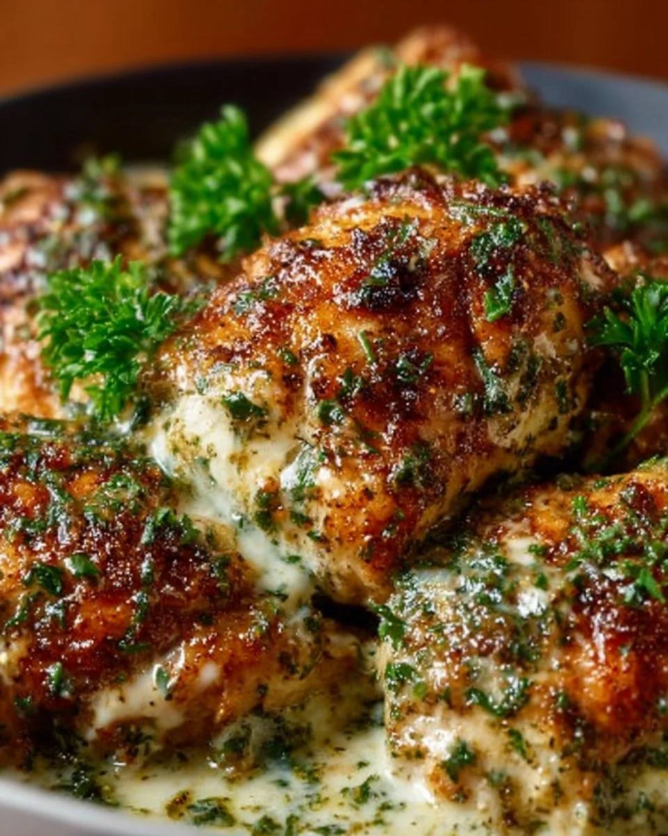Creamy baked chicken dish garnished with herbs, served on a plate