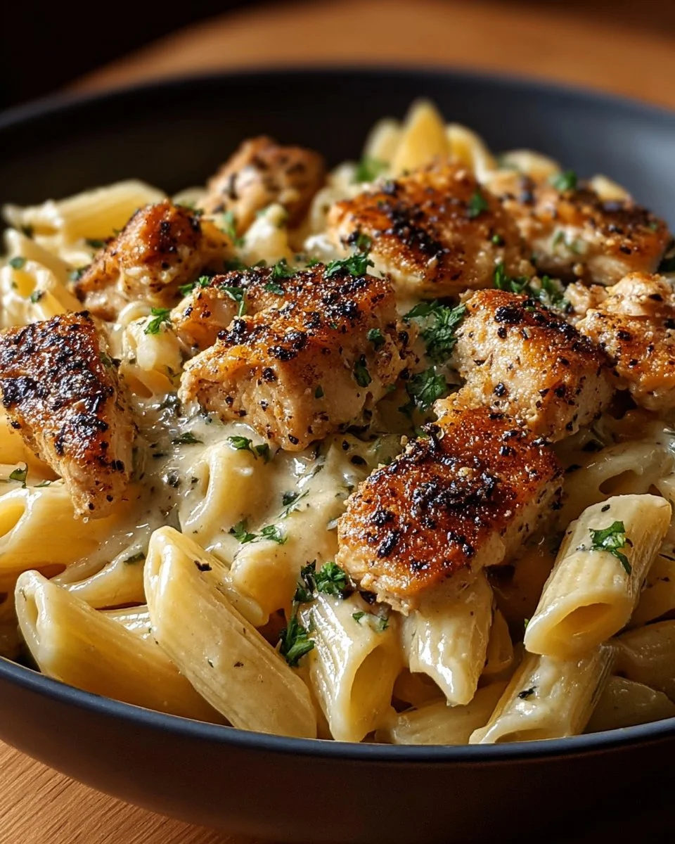 Creamy Cajun Chicken Pasta with spices and sauces in a bowl