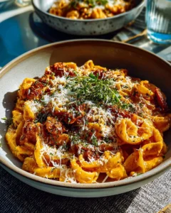 Creamy Cajun shrimp pasta with sausage served in a bowl