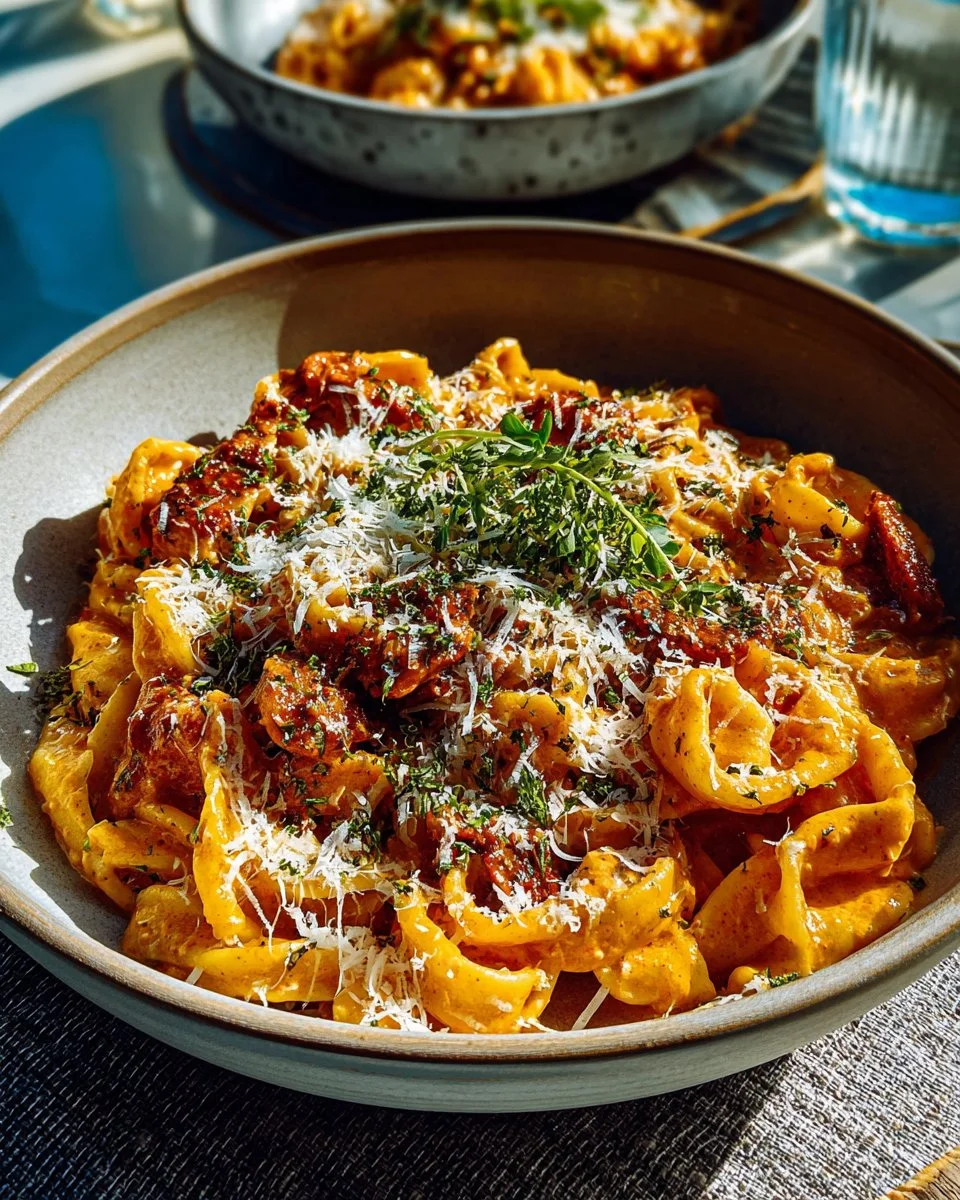 Creamy Cajun shrimp pasta with sausage served in a bowl