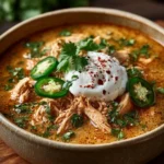 Bowl of creamy chicken enchilada soup topped with cheese and cilantro
