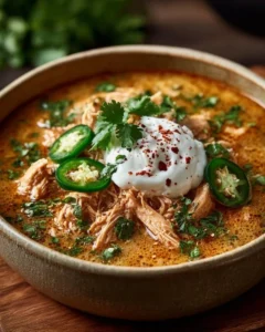 Bowl of creamy chicken enchilada soup topped with cheese and cilantro