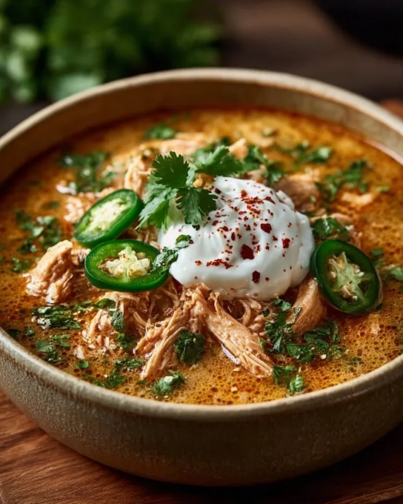 Bowl of creamy chicken enchilada soup topped with cheese and cilantro