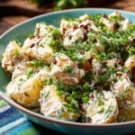 Delicious creamy dill potato salad served in a bowl with fresh herbs