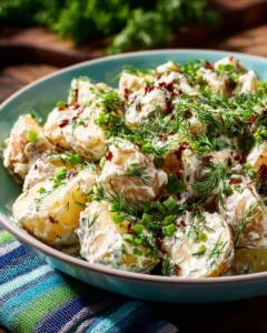 Delicious creamy dill potato salad served in a bowl with fresh herbs