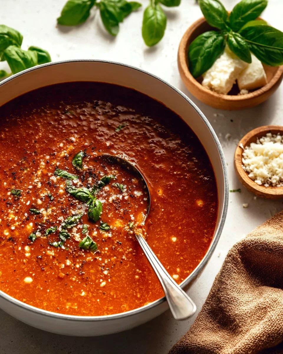Bowl of creamy feta and basil soup garnished with fresh basil leaves