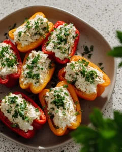 Delicious creamy feta stuffed peppers on a wooden plate