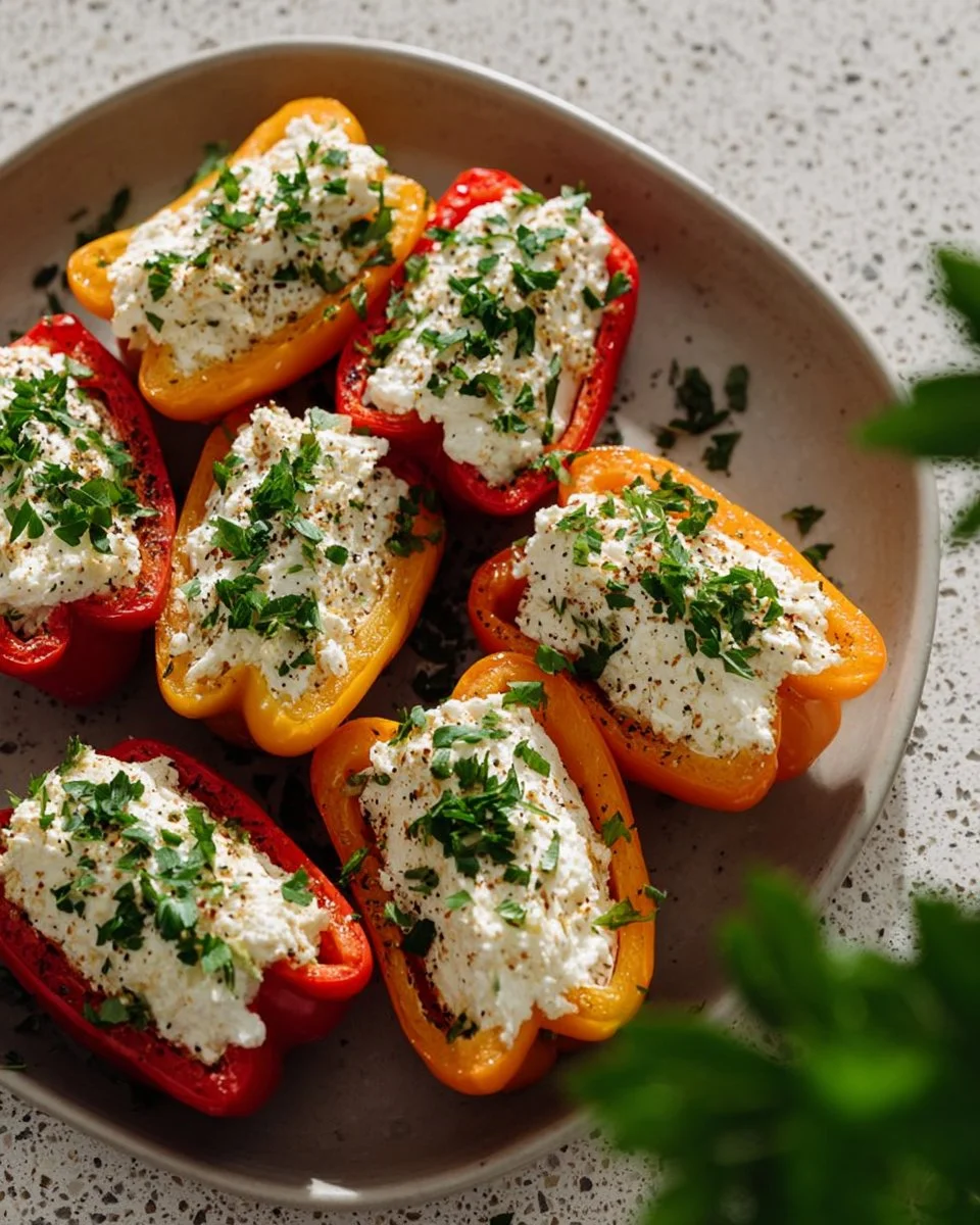 Delicious creamy feta stuffed peppers on a wooden plate