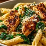 Creamy Garlic Parmesan Chicken Pasta served in a bowl with herbs.