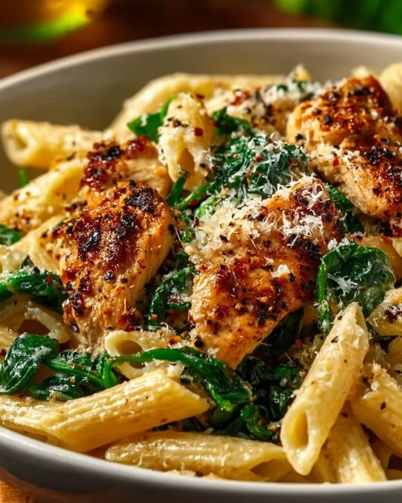 Creamy Garlic Parmesan Chicken Pasta served in a bowl with herbs.