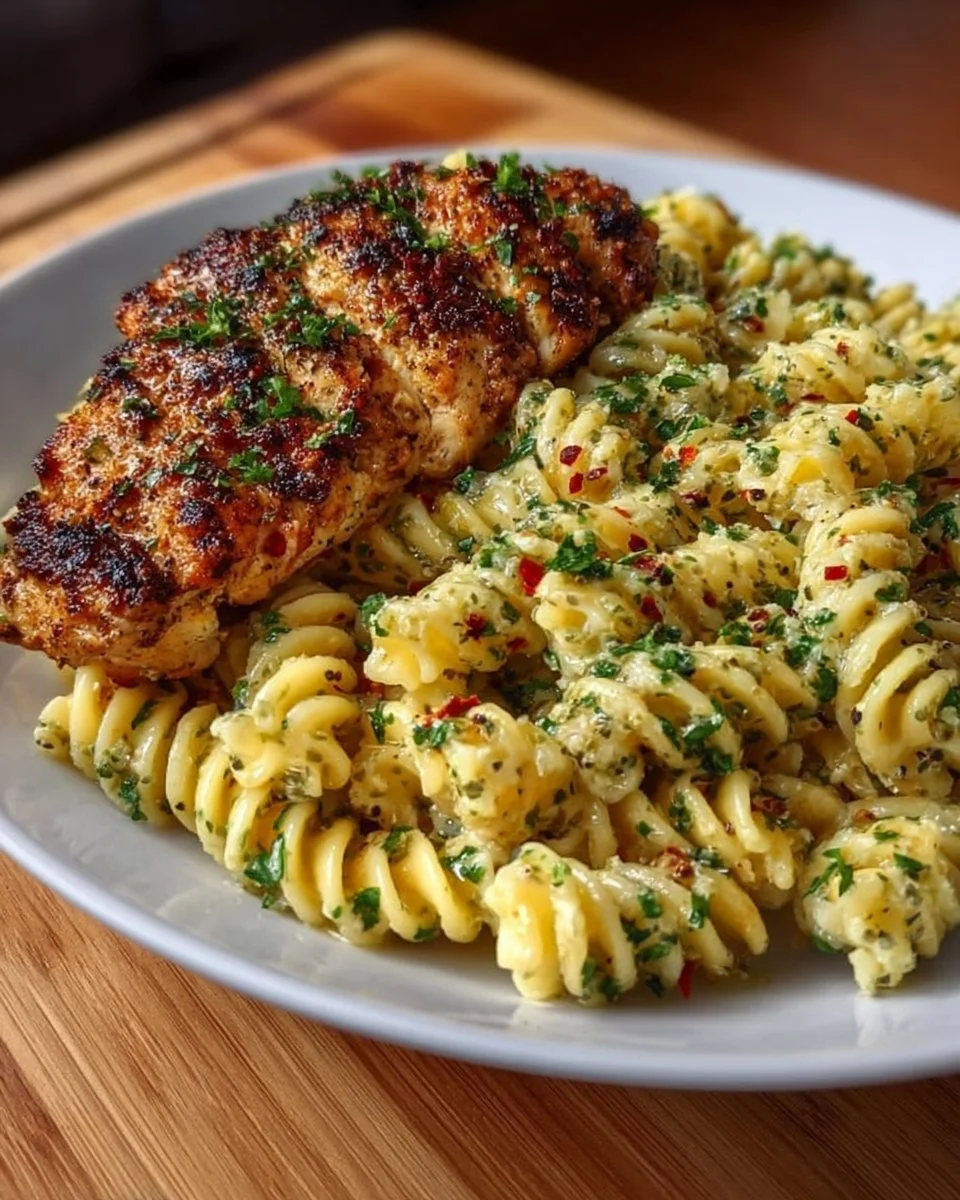 Creamy Garlic Parmesan Chicken Pasta served in a bowl with fresh herbs