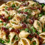 Creamy pea bacon pasta salad with fresh ingredients in a bowl