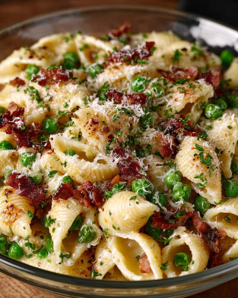Creamy pea bacon pasta salad with fresh ingredients in a bowl