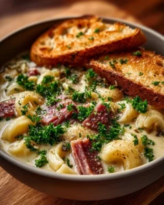 Bowl of creamy Reuben soup garnished with fresh herbs and rye bread