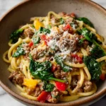 Creamy sausage and peppers pasta dish showcasing vibrant colors and textures