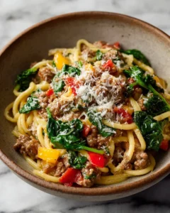 Creamy sausage and peppers pasta dish showcasing vibrant colors and textures