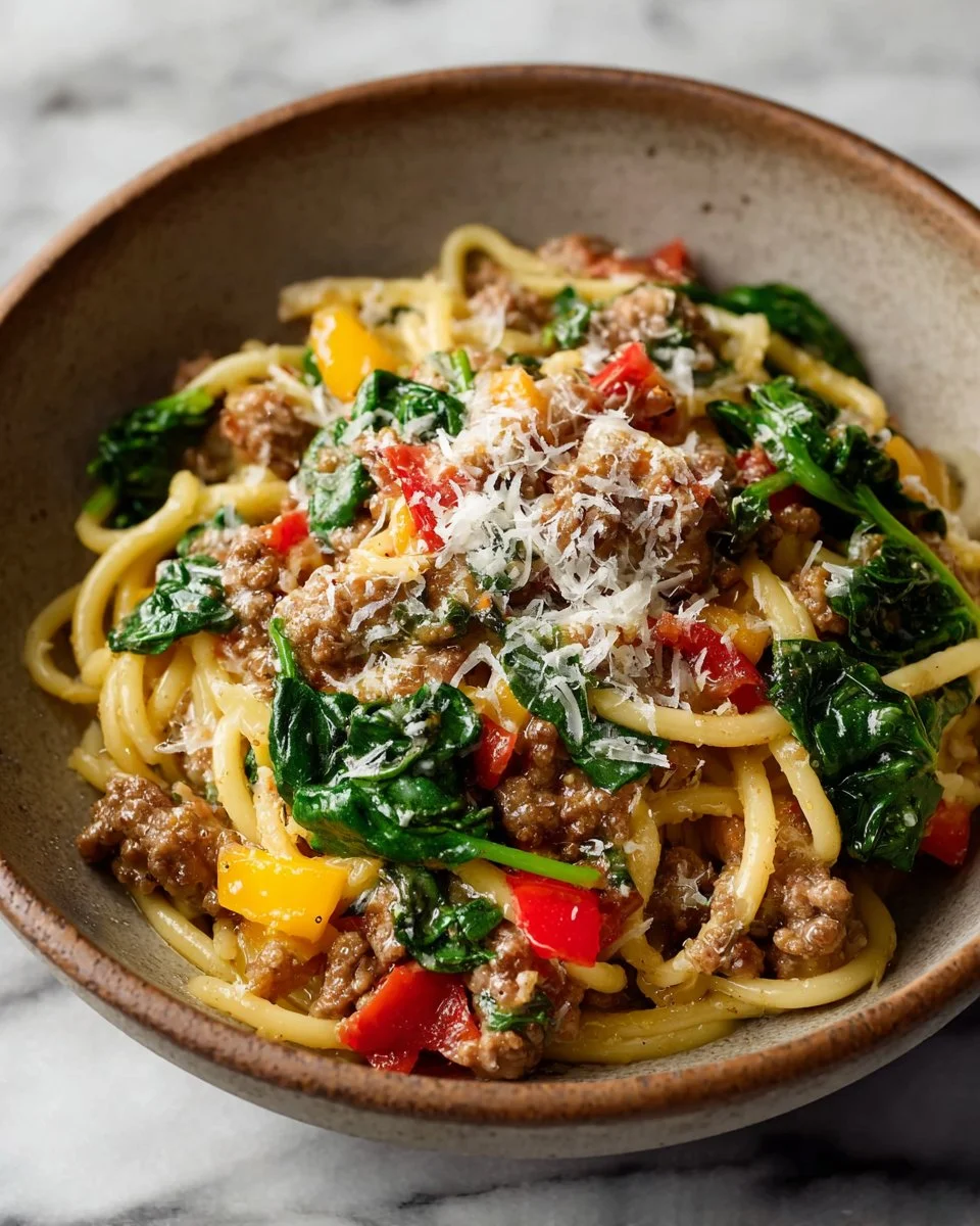 Creamy sausage and peppers pasta dish showcasing vibrant colors and textures