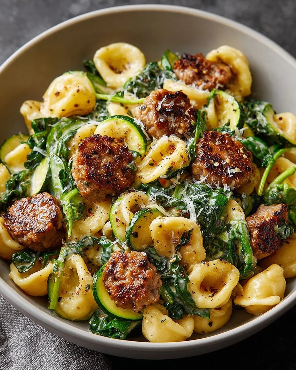 Creamy sausage pasta bowl recipe with herbs and spices