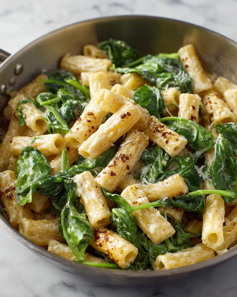 Creamy spinach pasta dish with fresh ingredients in a bowl