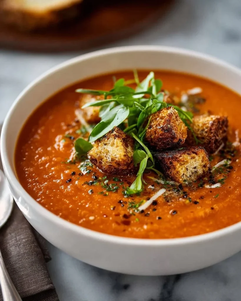 Bowl of creamy tomato basil soup garnished with fresh basil leaves.