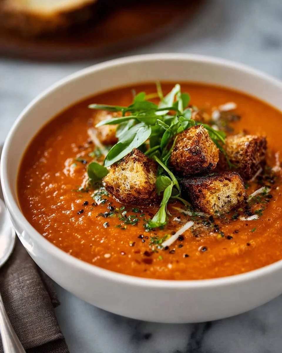 Bowl of creamy tomato basil soup garnished with fresh basil leaves.