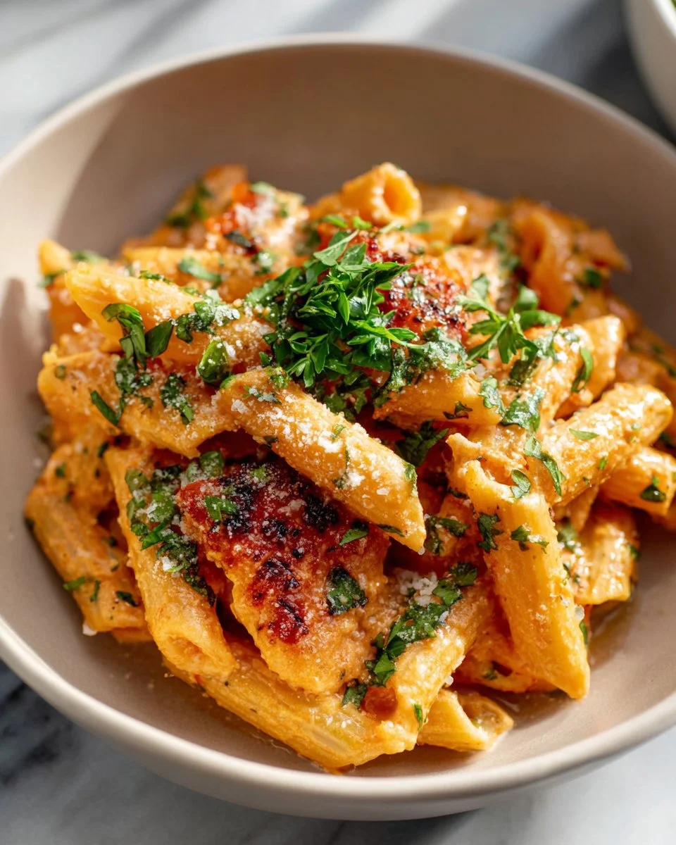 Delicious creamy tomato pasta served with fresh basil and grated parmesan cheese.