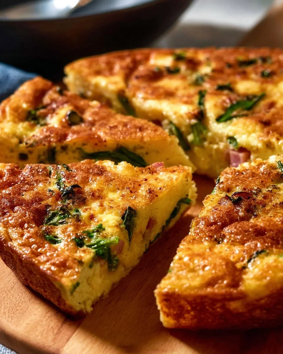 Delicious crustless quiche with ham and cheese served on a plate.