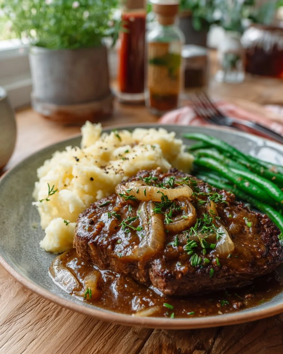 Delicious cube steak with onion gravy served on a plate