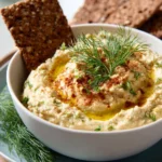 Cucumber hummus with dill served in a bowl with fresh cucumber slices