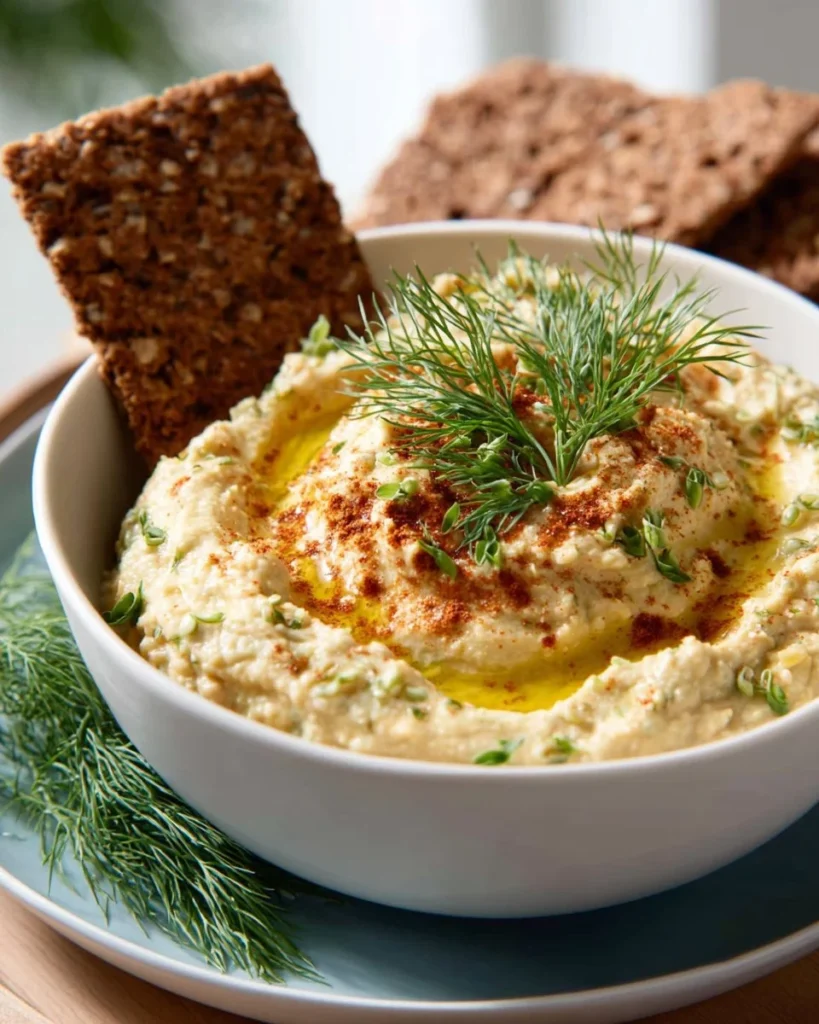 Cucumber hummus with dill served in a bowl with fresh cucumber slices