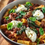 Easy baked ziti with Italian sausage and fresh mozzarella served in a baking dish