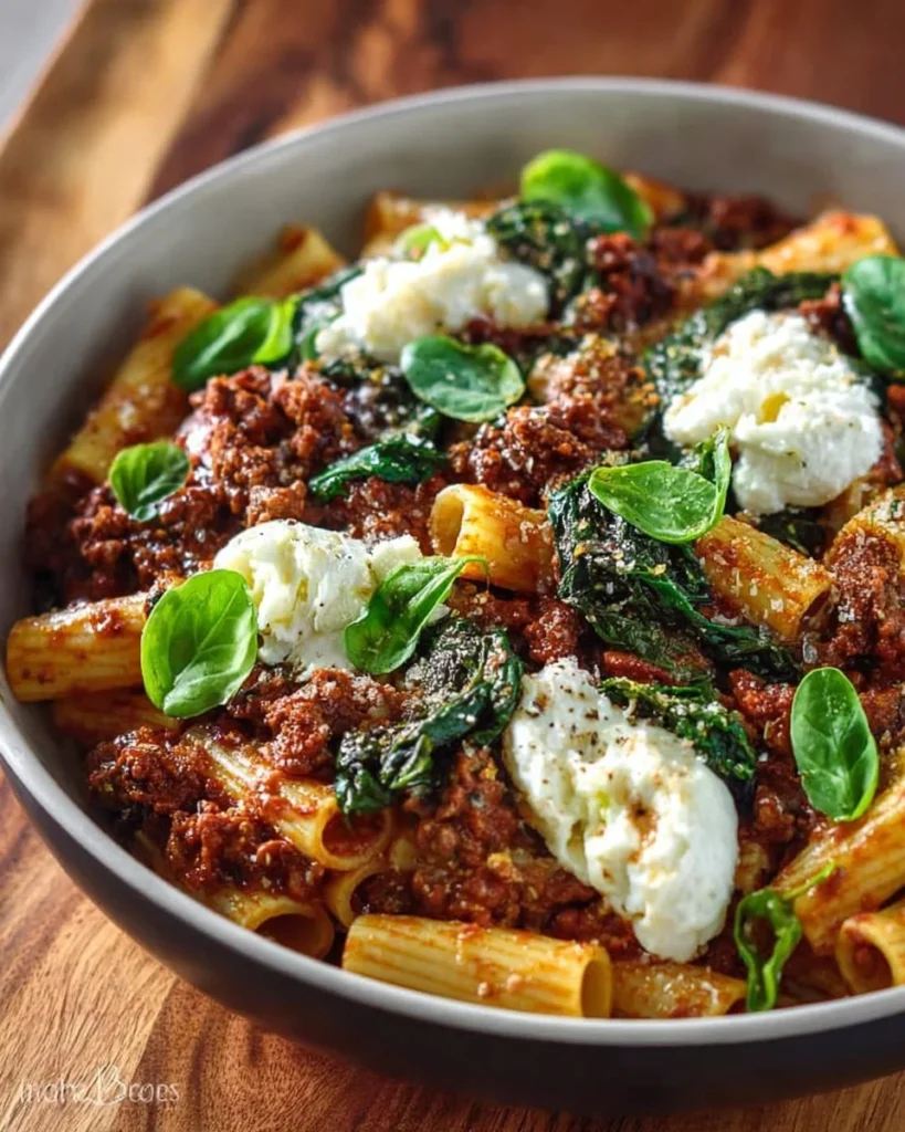 Easy baked ziti with Italian sausage and fresh mozzarella served in a baking dish